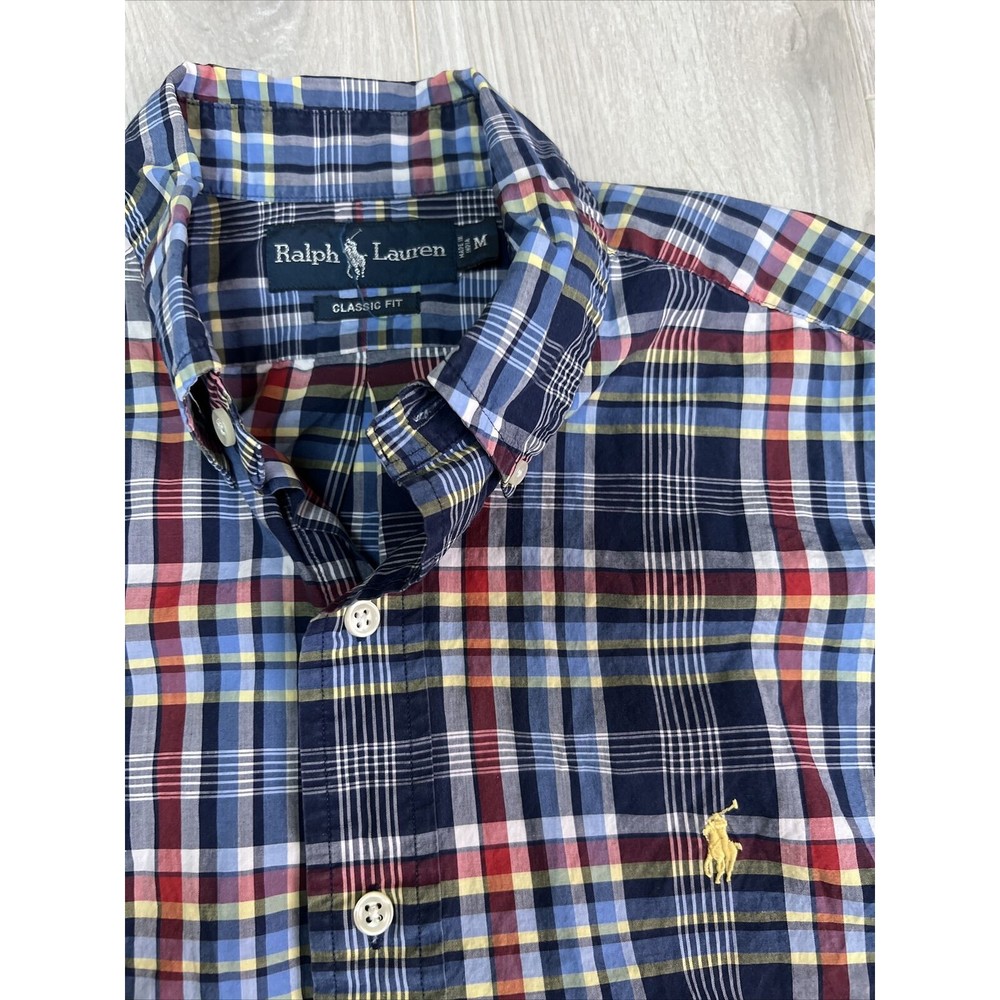 Ralph Lauren Button Down Shirt Mens Sz Medium Blue Red Plaid 100% Cotton Classic - Picture 2 of 6
